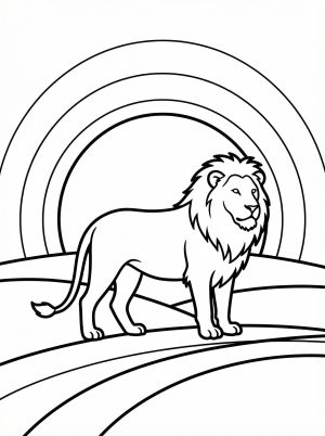 Anatomically correct silhouette of a majestic lion standing on the savanna, dramatically lit by a vibrant, warm sunset in the background.