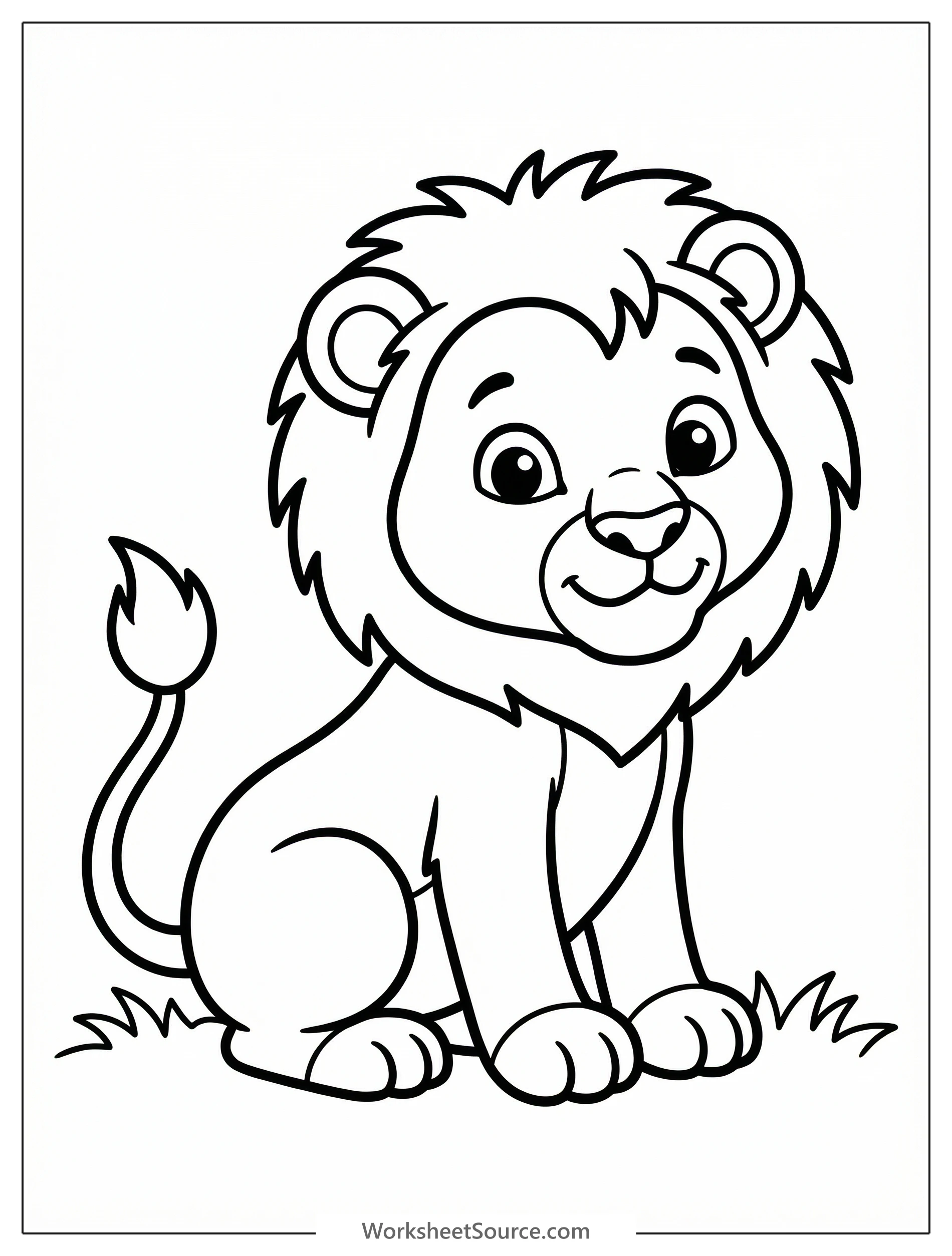 Anatomically correct illustration of a cute lion cub sitting with a small mane, large curious eyes, ready for coloring.
