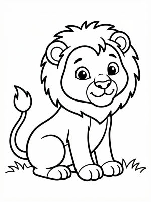 Anatomically correct illustration of a cute lion cub sitting with a small mane, large curious eyes, ready for coloring.