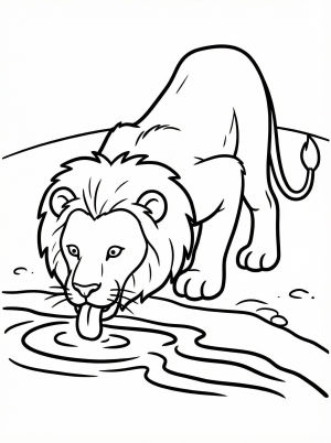 An anatomically correct lion with its head down, drinking water from a pool, with its tongue visible. The lion's mane and powerful build are clearly depicted.