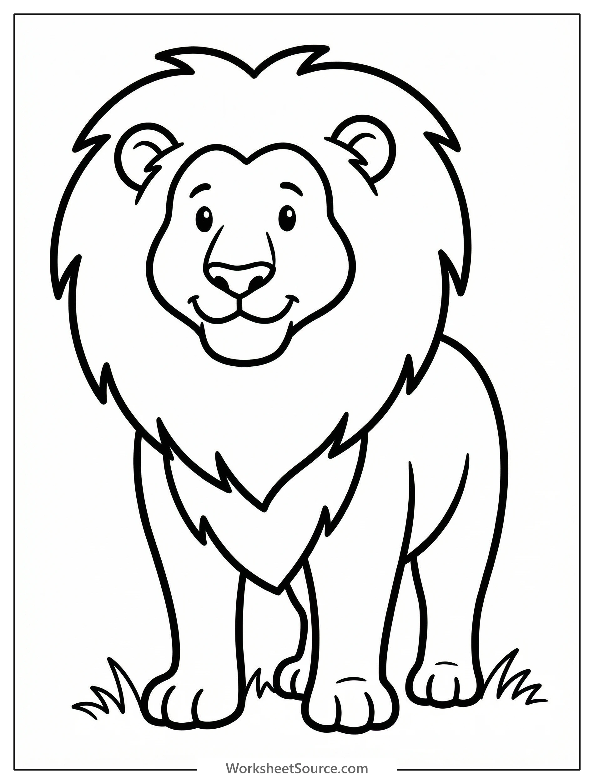 Outline drawing of an anatomically correct lion standing front view, showing its chest, strong forelegs, and majestic mane, ready for coloring.