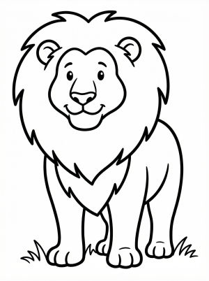 Outline drawing of an anatomically correct lion standing front view, showing its chest, strong forelegs, and majestic mane, ready for coloring.