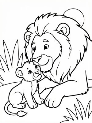 Anatomically correct drawing of a majestic adult lion or lioness gently nuzzling an adorable cub, showing tender parental affection in the wild savanna.