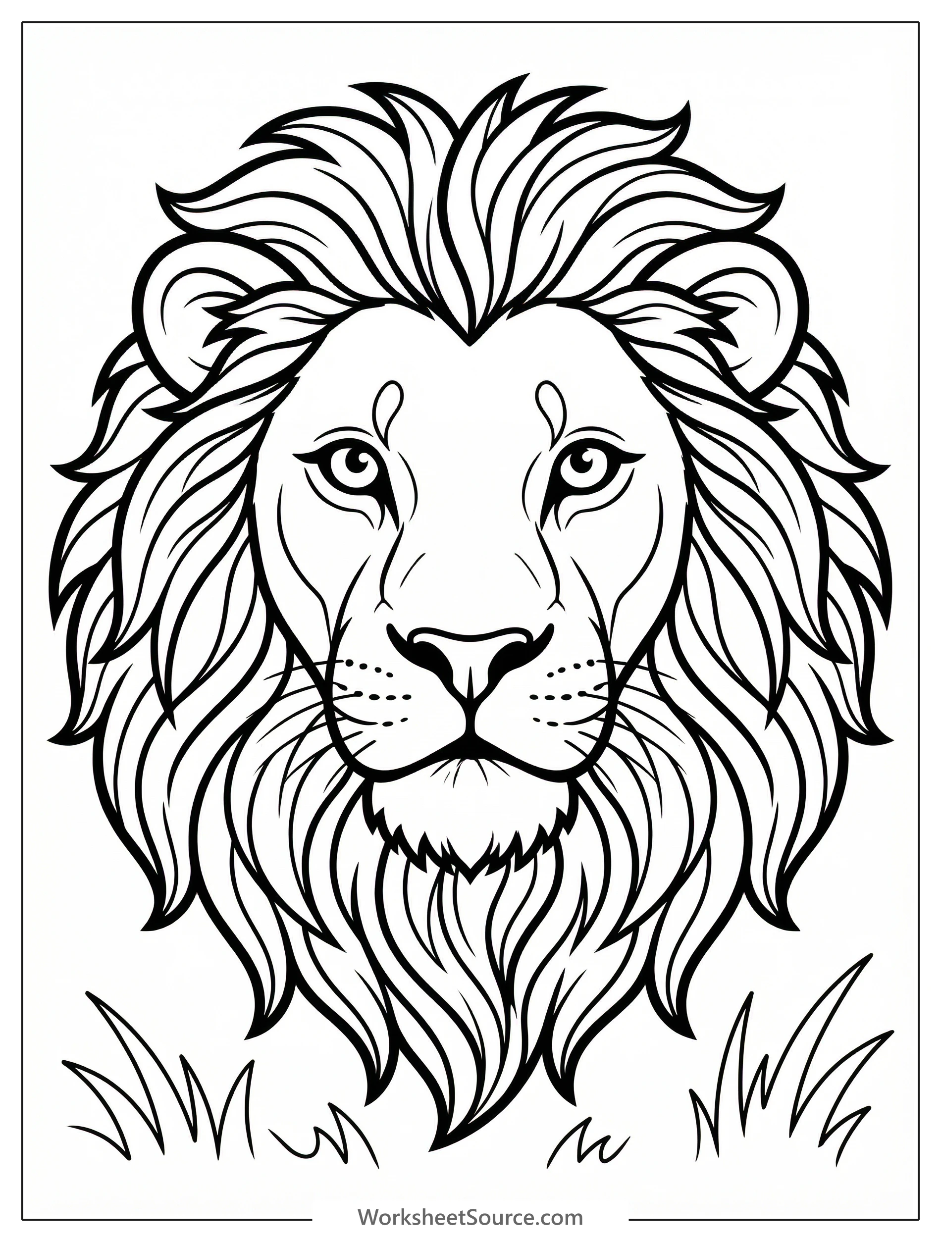 Anatomically correct lion head coloring page facing forward with a detailed, flowing mane and alert, expressive eyes.