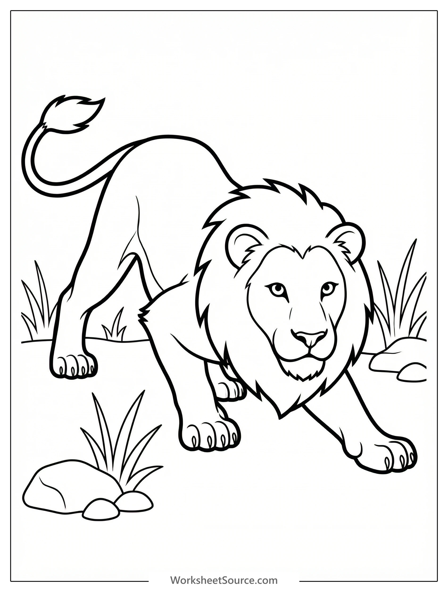 An anatomically correct drawing of a powerful lion, with a detailed mane, crouched low in a focused hunting stance, gazing intently forward, ready to pounce.