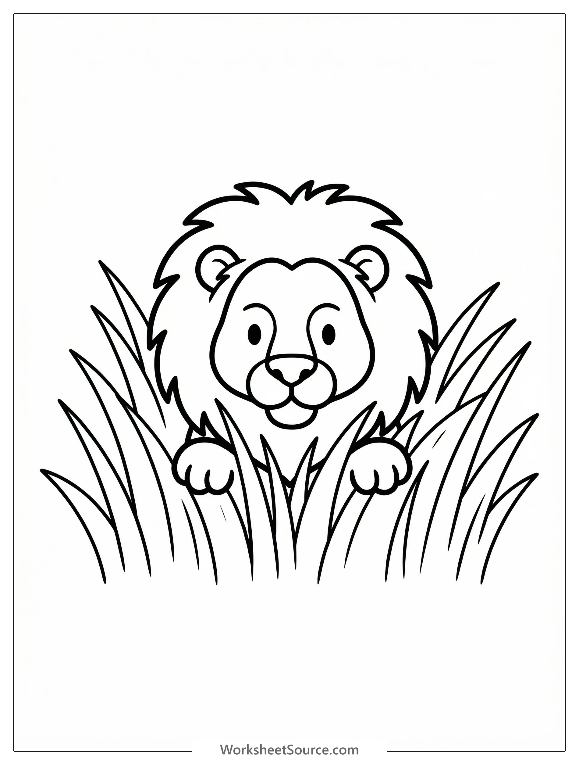 Detailed line art of an anatomically correct adult lion half visible in tall, golden savanna grass, suitable for coloring.
