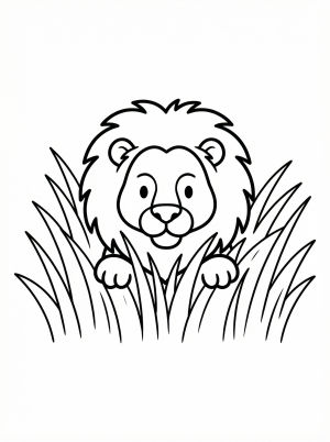 Detailed line art of an anatomically correct adult lion half visible in tall, golden savanna grass, suitable for coloring.