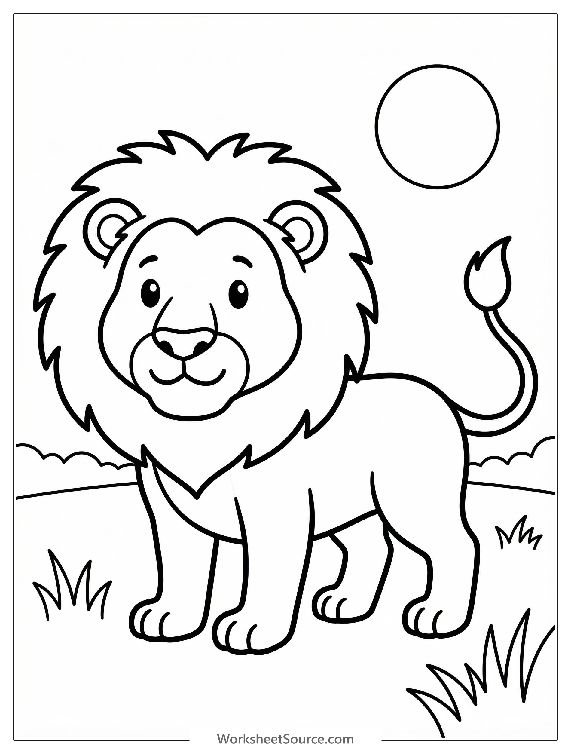 An anatomically correct lion stands majestically on the savanna in soft morning light, ready for coloring. Its detailed features are perfect for learning animal anatomy.
