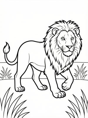 Anatomically correct male lion standing majestically in a flat, open savanna grassland with no trees, ready for coloring.