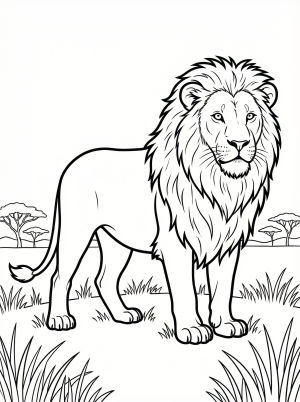 Anatomically correct adult male lion standing majestically in tall savanna grass, with acacia trees visible in the distant background.