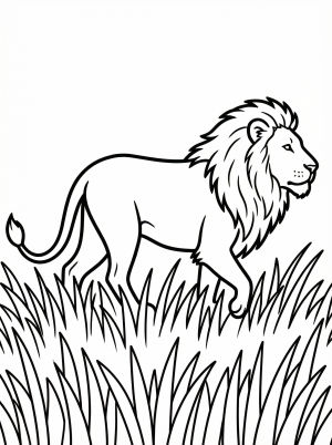 An anatomically correct adult male lion, with a full mane and powerful back visible, strides through tall, wispy savanna grass. The detailed image is ready for coloring.