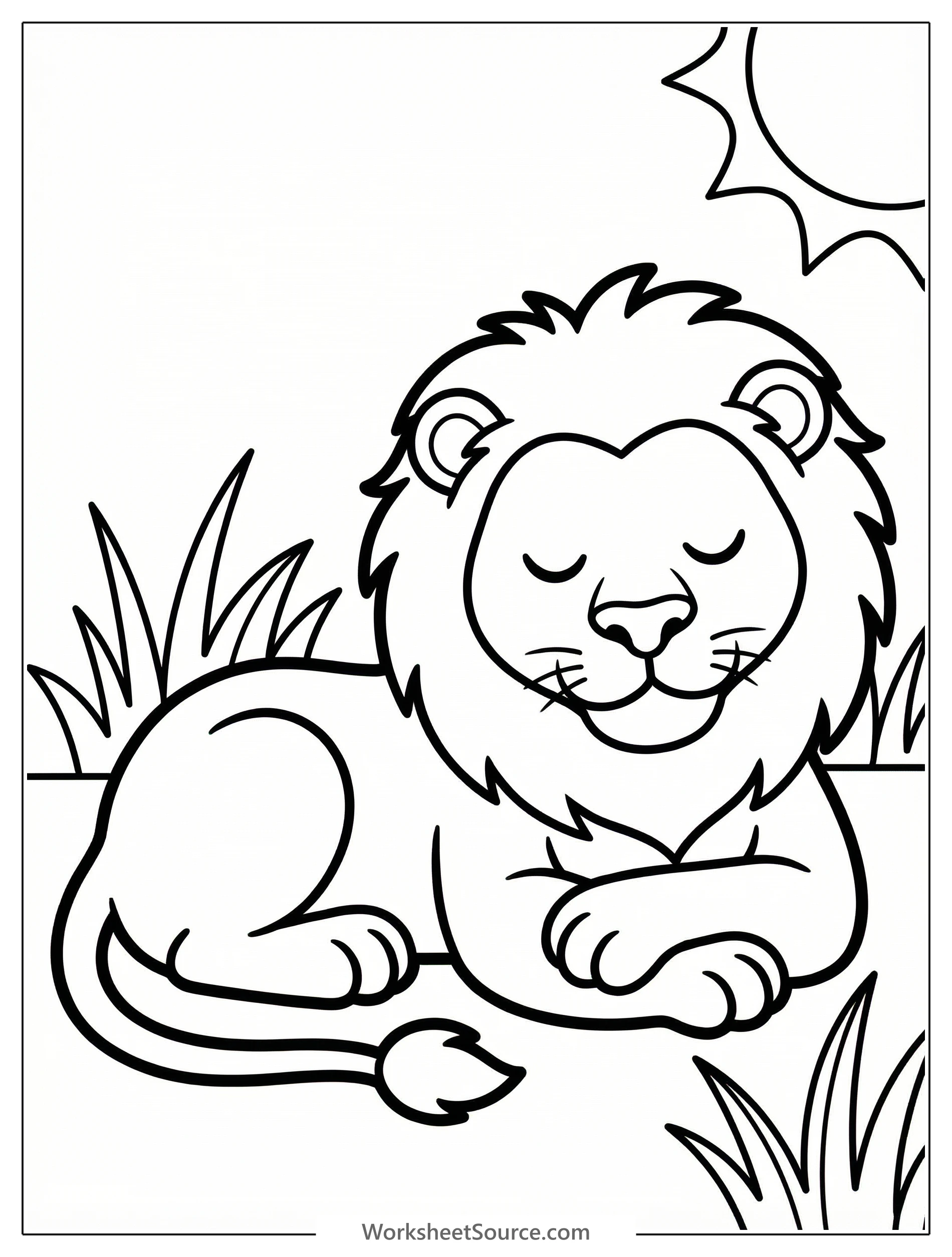 Anatomically correct lion lying down on the ground, paws tucked beneath its head, body relaxed and calm, ready for coloring.