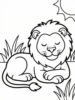 Anatomically correct lion lying down on the ground, paws tucked beneath its head, body relaxed and calm, ready for coloring.