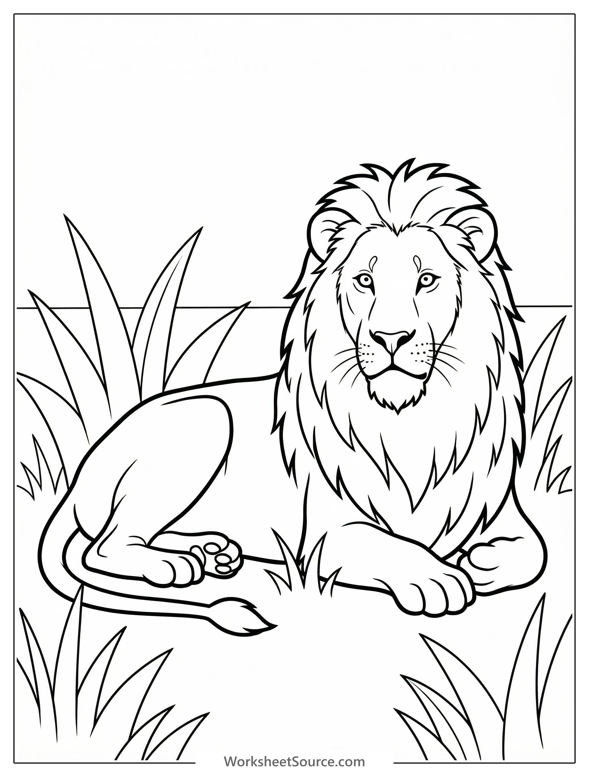 Line drawing of a majestic, anatomically correct lion resting peacefully in tall grass, its front legs folded beneath its chest and head held high, observing its surroundings.