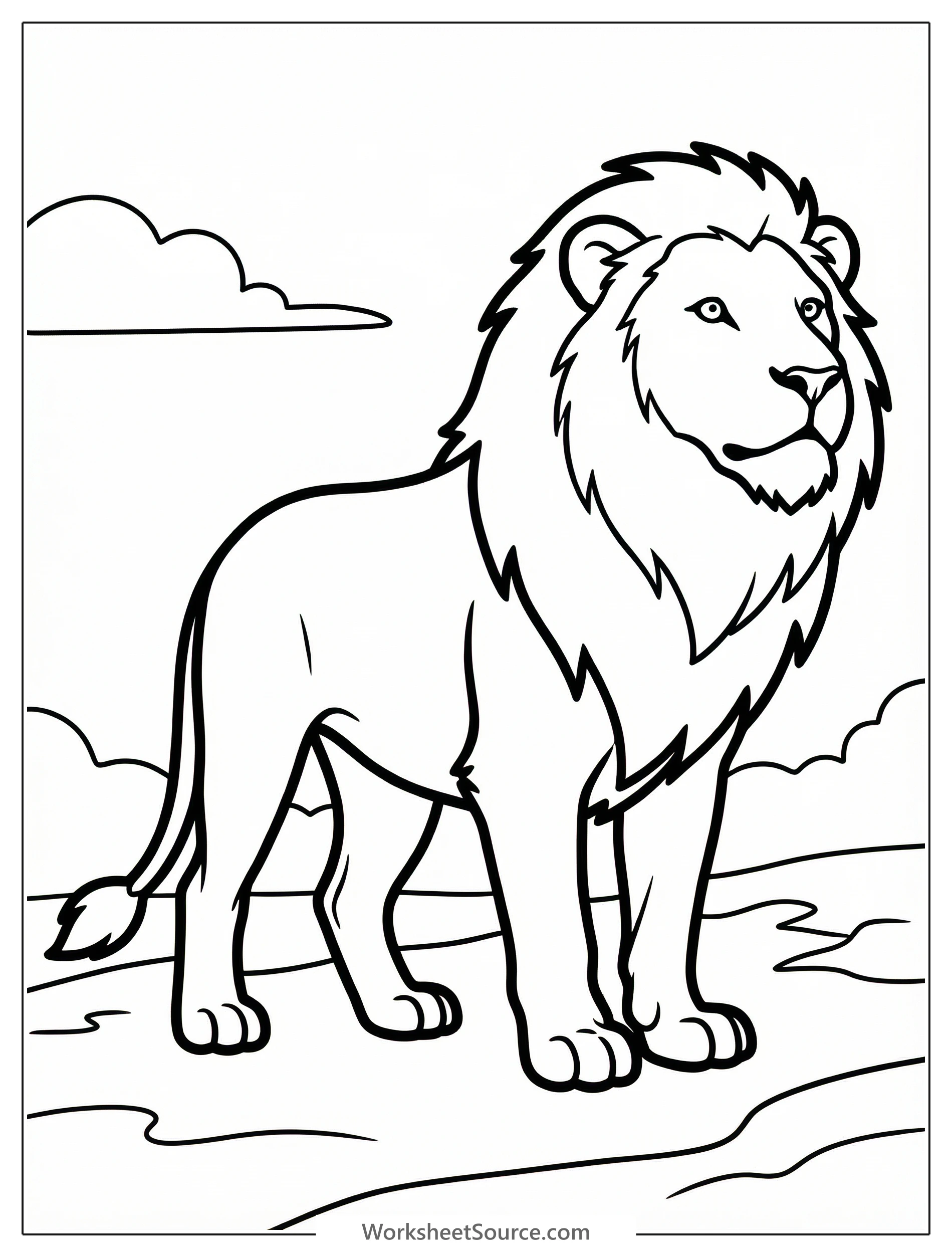 Anatomically correct lion coloring page featuring a regal lion standing alert with its head high, scanning the horizon.