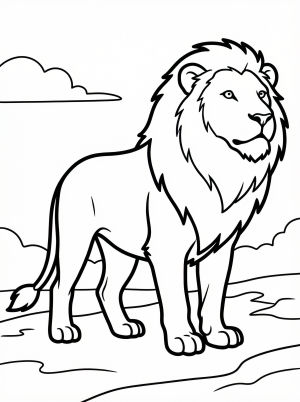 Anatomically correct lion coloring page featuring a regal lion standing alert with its head high, scanning the horizon.