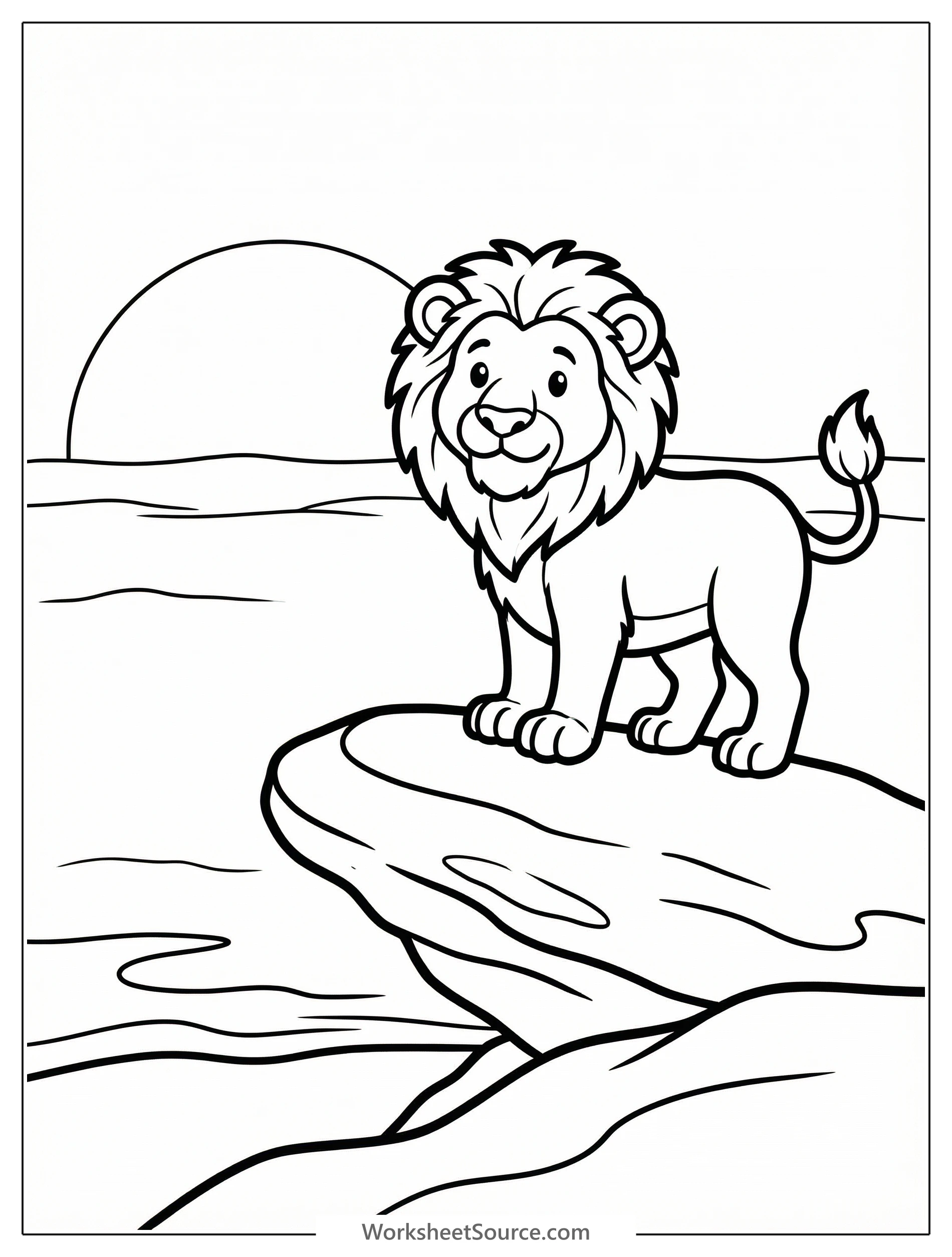 Anatomically correct adult lion stands majestically on a large rock, surveying a vast African savanna with distant plains and trees under a clear sky.