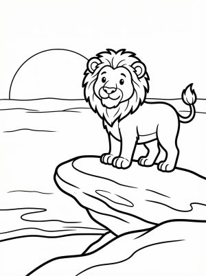 Anatomically correct adult lion stands majestically on a large rock, surveying a vast African savanna with distant plains and trees under a clear sky.
