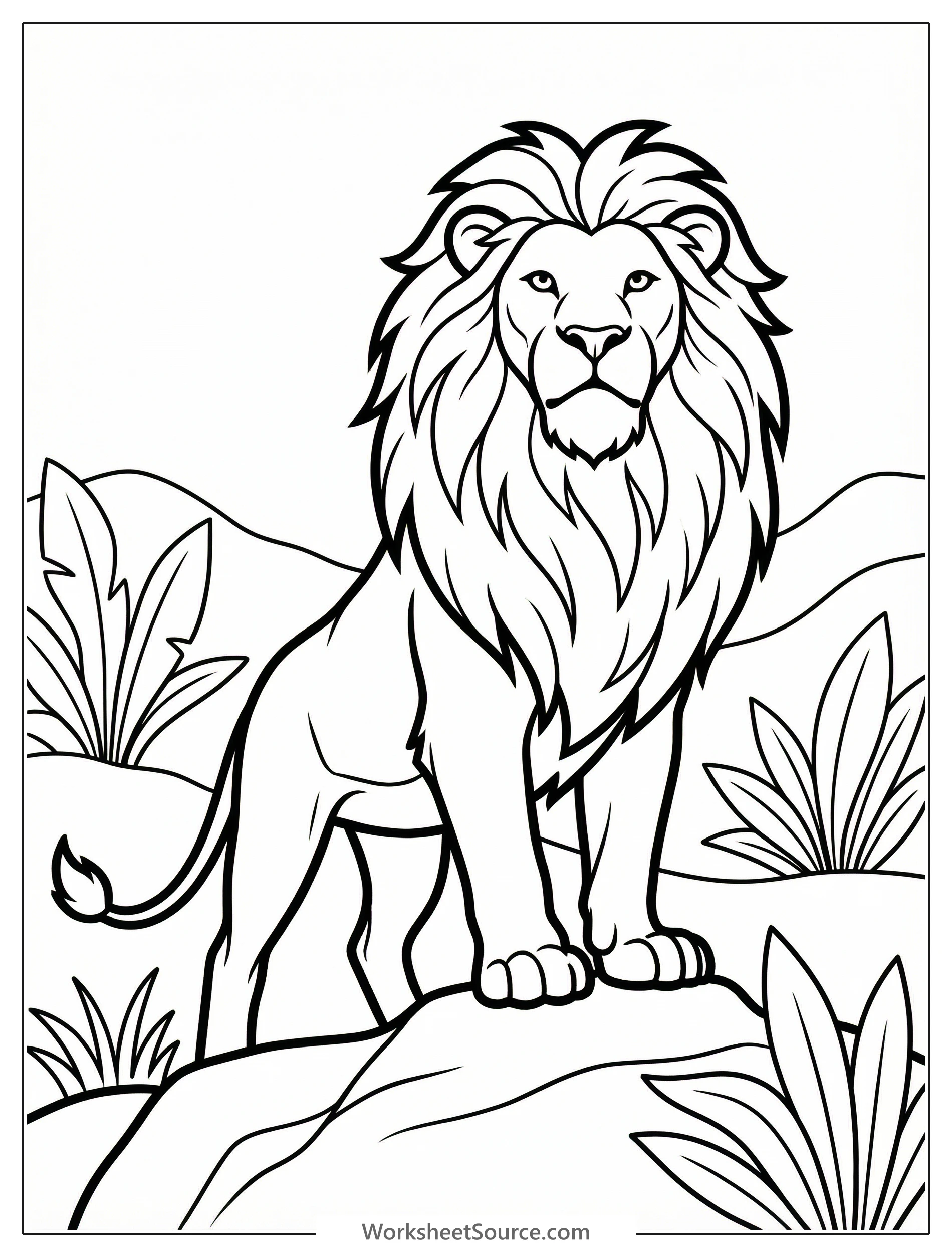 Line art illustration of a majestic, anatomically correct male lion standing proudly with chest out and head held high, ready for coloring.