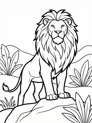 Line art illustration of a majestic, anatomically correct male lion standing proudly with chest out and head held high, ready for coloring.