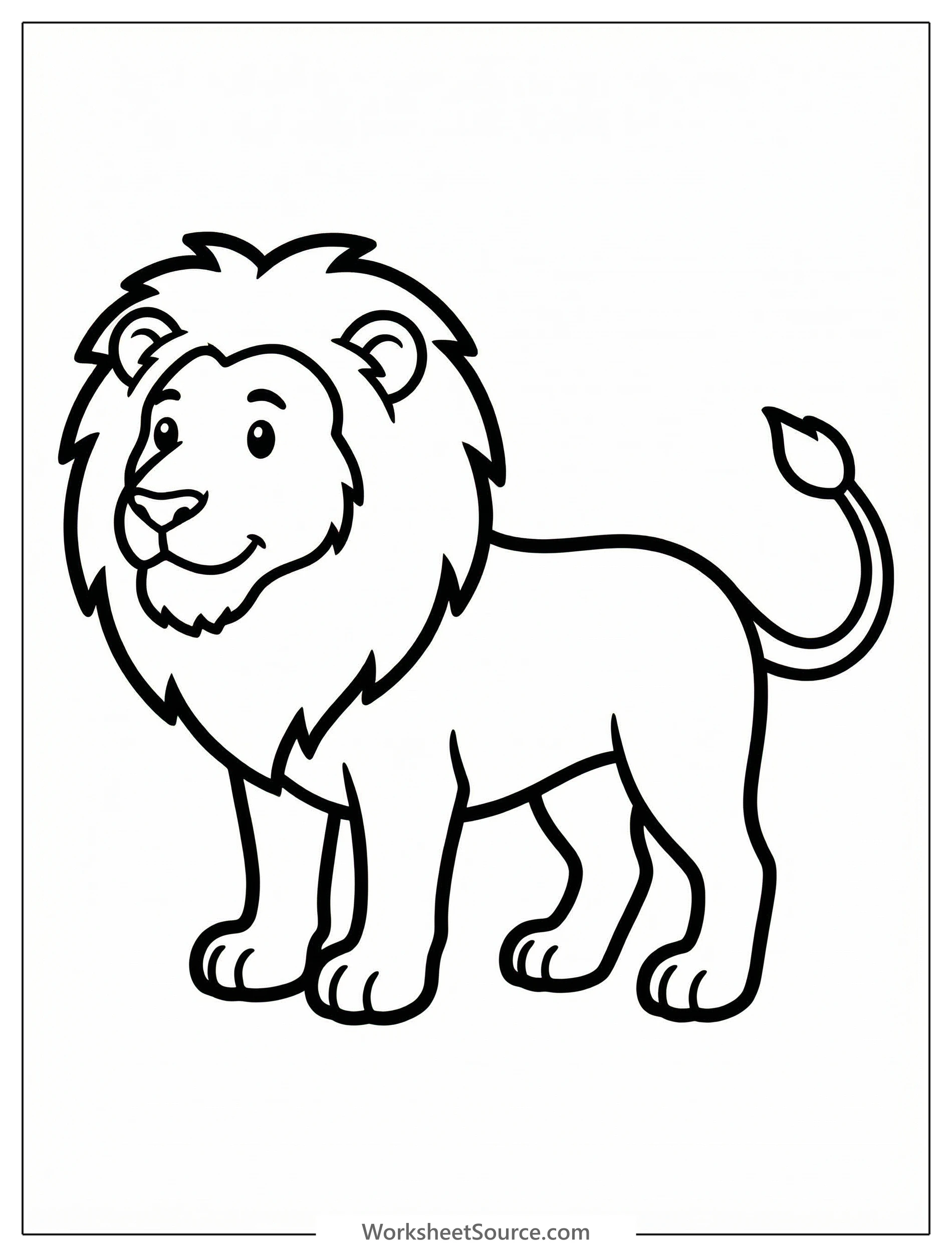 Black and white outline drawing of an anatomically correct lion in side profile, showing body proportions, muscle definition, and full mane.