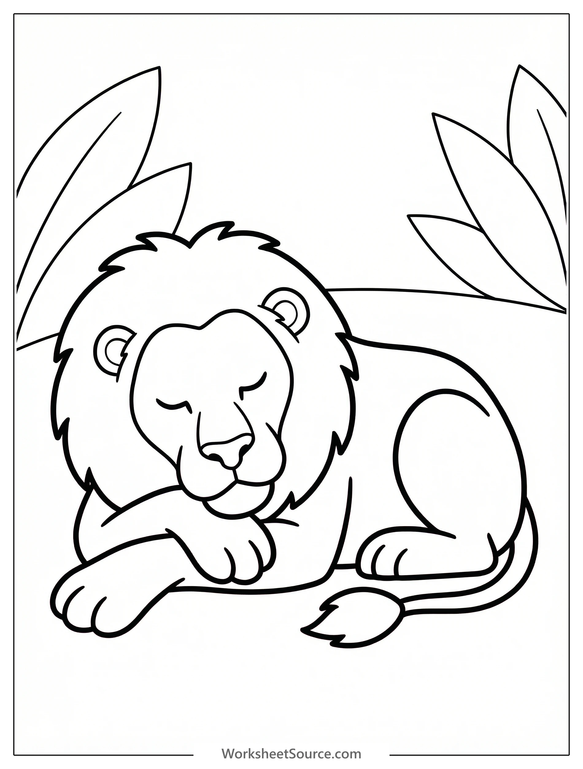 Anatomically correct lion resting with head on front paws coloring page for kids - black and white line art ready to print and color