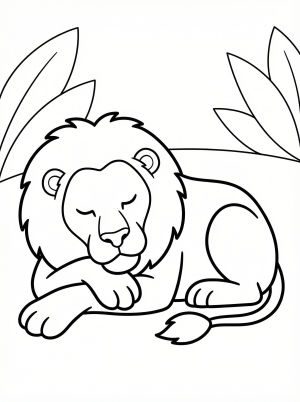 Anatomically correct lion resting with head on front paws coloring page for kids - black and white line art ready to print and color