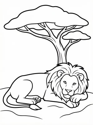 Anatomically correct adult lion peacefully resting in the cool shade beneath a sprawling acacia tree on the savannah, ideal for coloring.
