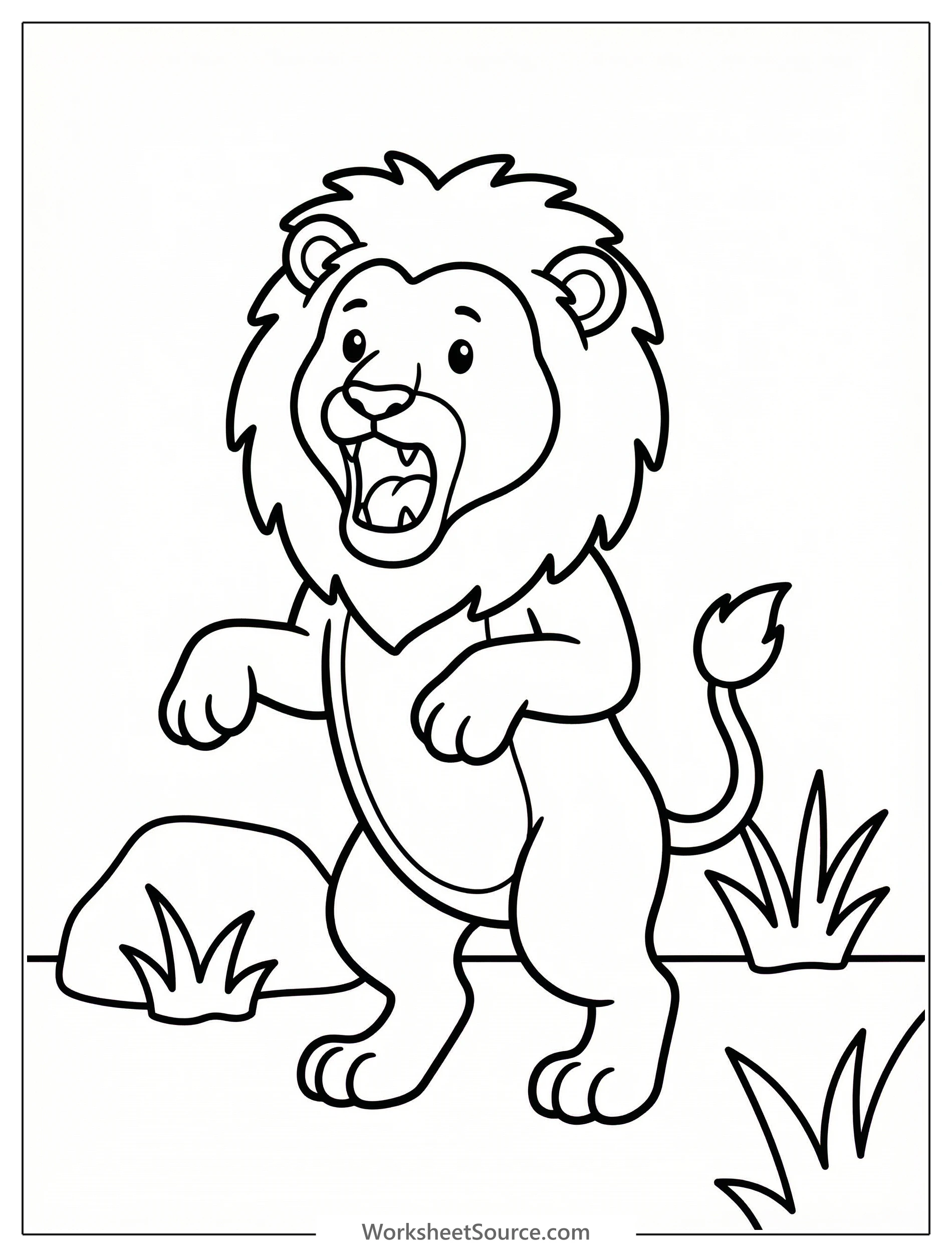 Anatomically correct coloring page of a powerful lion with a full body view, standing on hind legs and roaring expressively, ready for vibrant colors.