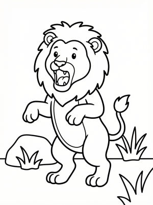 Anatomically correct coloring page of a powerful lion with a full body view, standing on hind legs and roaring expressively, ready for vibrant colors.