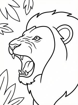 Black and white outline drawing of an anatomically correct lion's head. The lion is roaring with its mouth wide open, showing teeth and tongue, and a wrinkled nose. Ready for coloring.