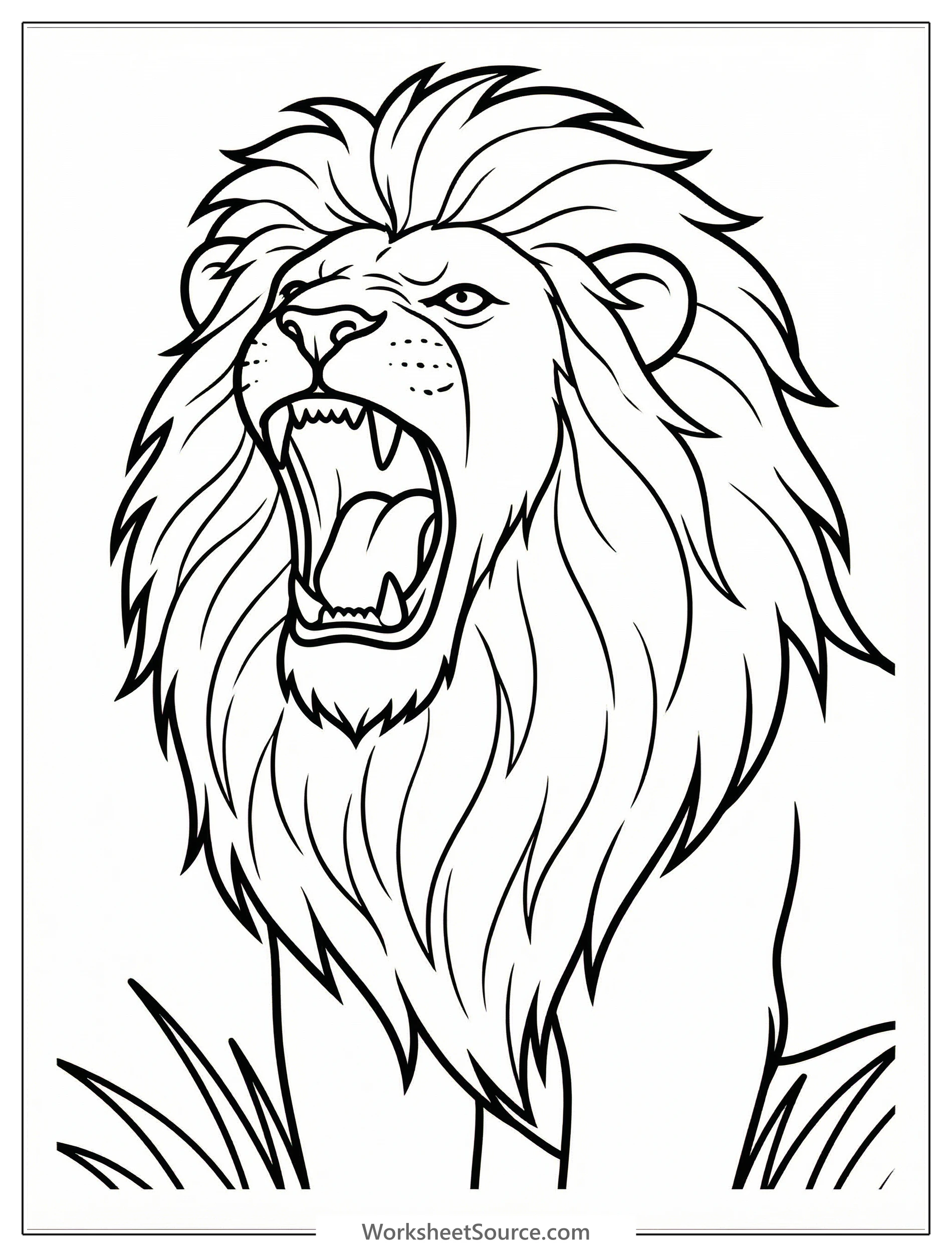 An anatomically correct coloring page of a mighty lion roaring, mouth open, with a magnificent flowing mane. Ideal for young artists to color and learn.