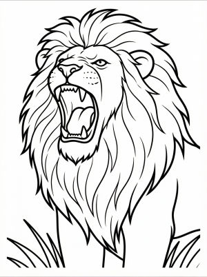 An anatomically correct coloring page of a mighty lion roaring, mouth open, with a magnificent flowing mane. Ideal for young artists to color and learn.
