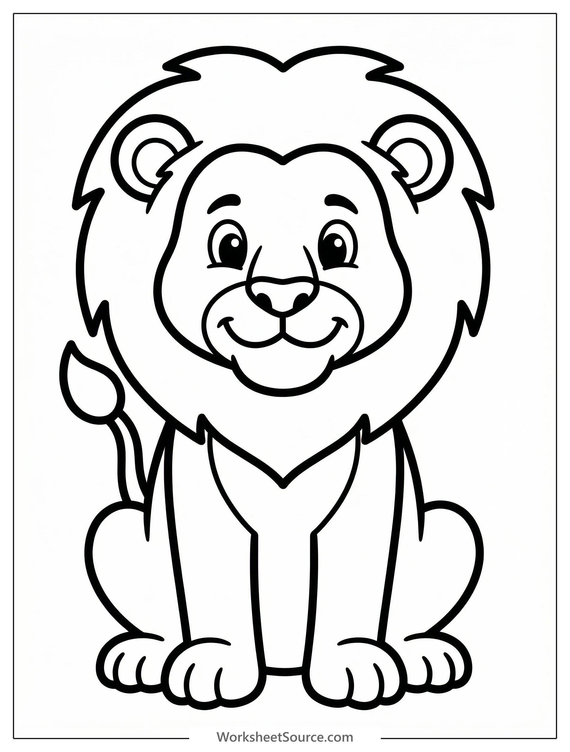Detailed illustration of an anatomically correct adult lion sitting calmly on its haunches, front legs straight, tail resting, ready for coloring.