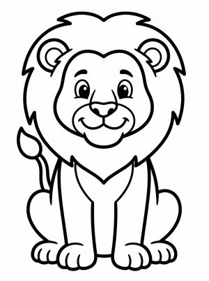 Detailed illustration of an anatomically correct adult lion sitting calmly on its haunches, front legs straight, tail resting, ready for coloring.