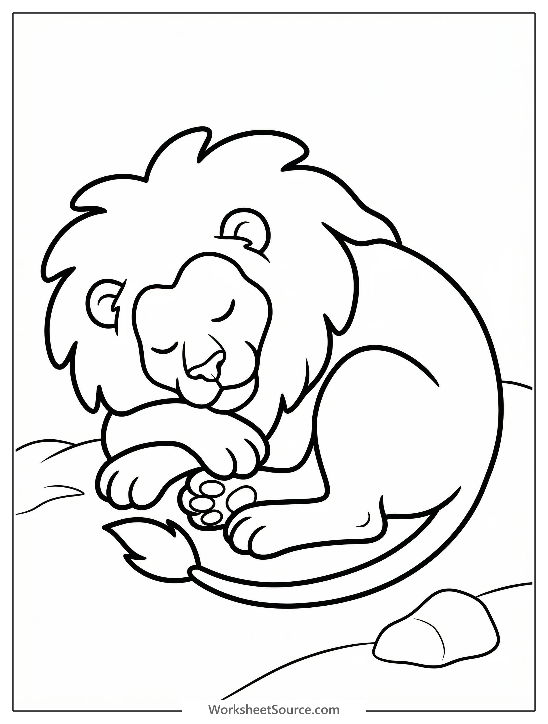 Anatomically correct lion sleeping curled up with paws and tail visible coloring page for kids - black and white line art ready to print and color