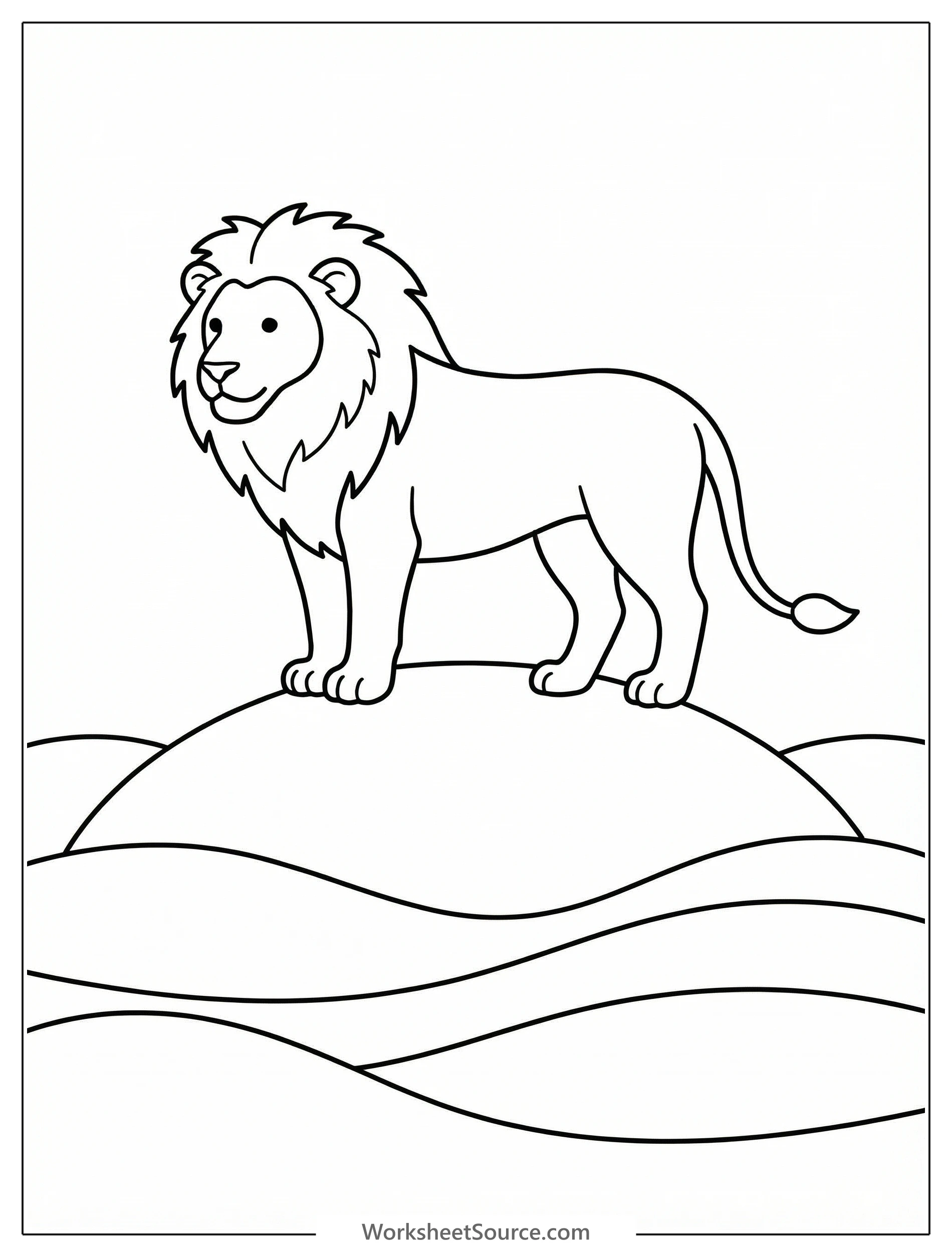 A majestic, anatomically correct lion stands proudly atop a small grassy hill, gazing out over a vast, detailed African plains landscape in a line art drawing ready for coloring.