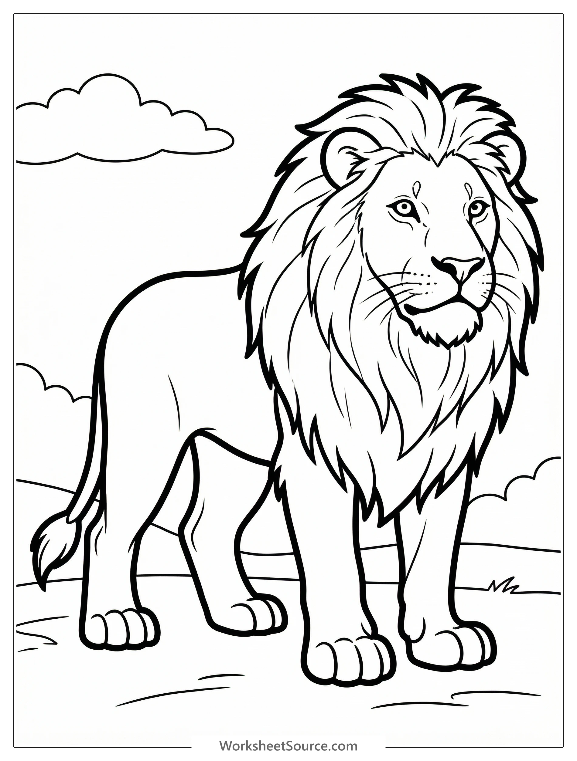 Anatomically correct line art of a majestic lion standing on all fours with powerful legs and a balanced, calm pose, ready for coloring.