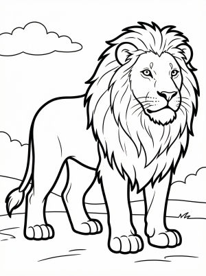 Anatomically correct line art of a majestic lion standing on all fours with powerful legs and a balanced, calm pose, ready for coloring.