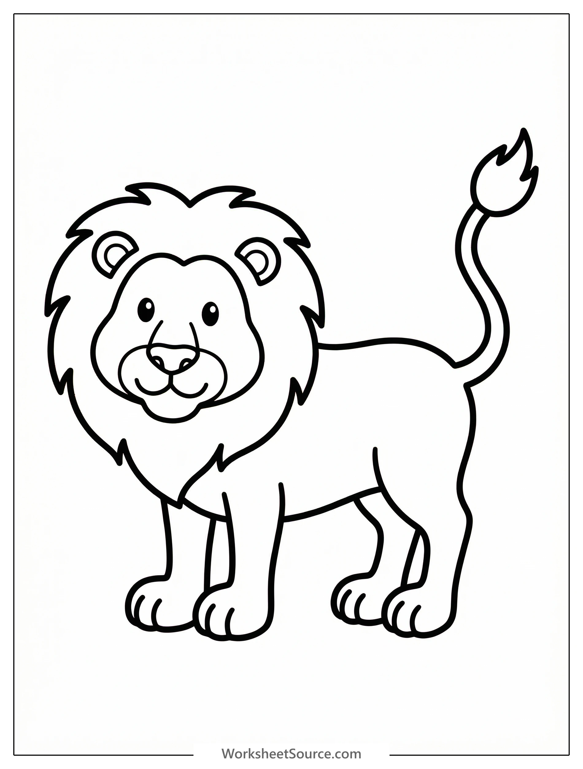 A majestic, anatomically correct lion stands proudly with its tail raised high, revealing the distinct tuft at the end. Its powerful form is ready for coloring.