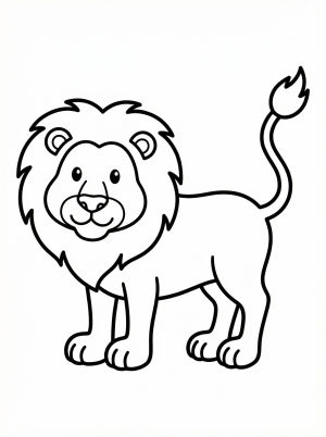 A majestic, anatomically correct lion stands proudly with its tail raised high, revealing the distinct tuft at the end. Its powerful form is ready for coloring.