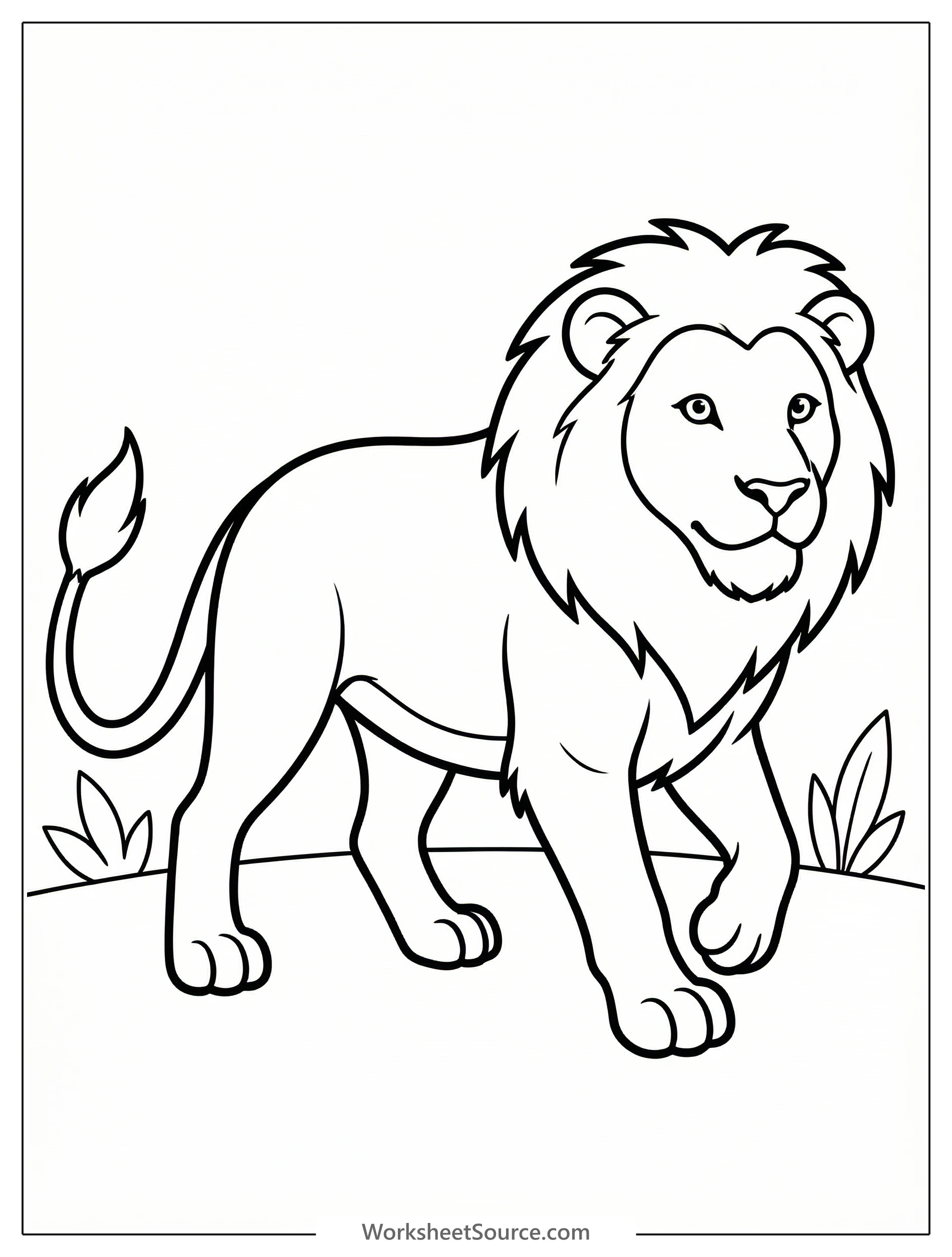 An anatomically correct illustration of a majestic adult lion walking purposefully with all four legs in dynamic motion and its tail swaying gently.