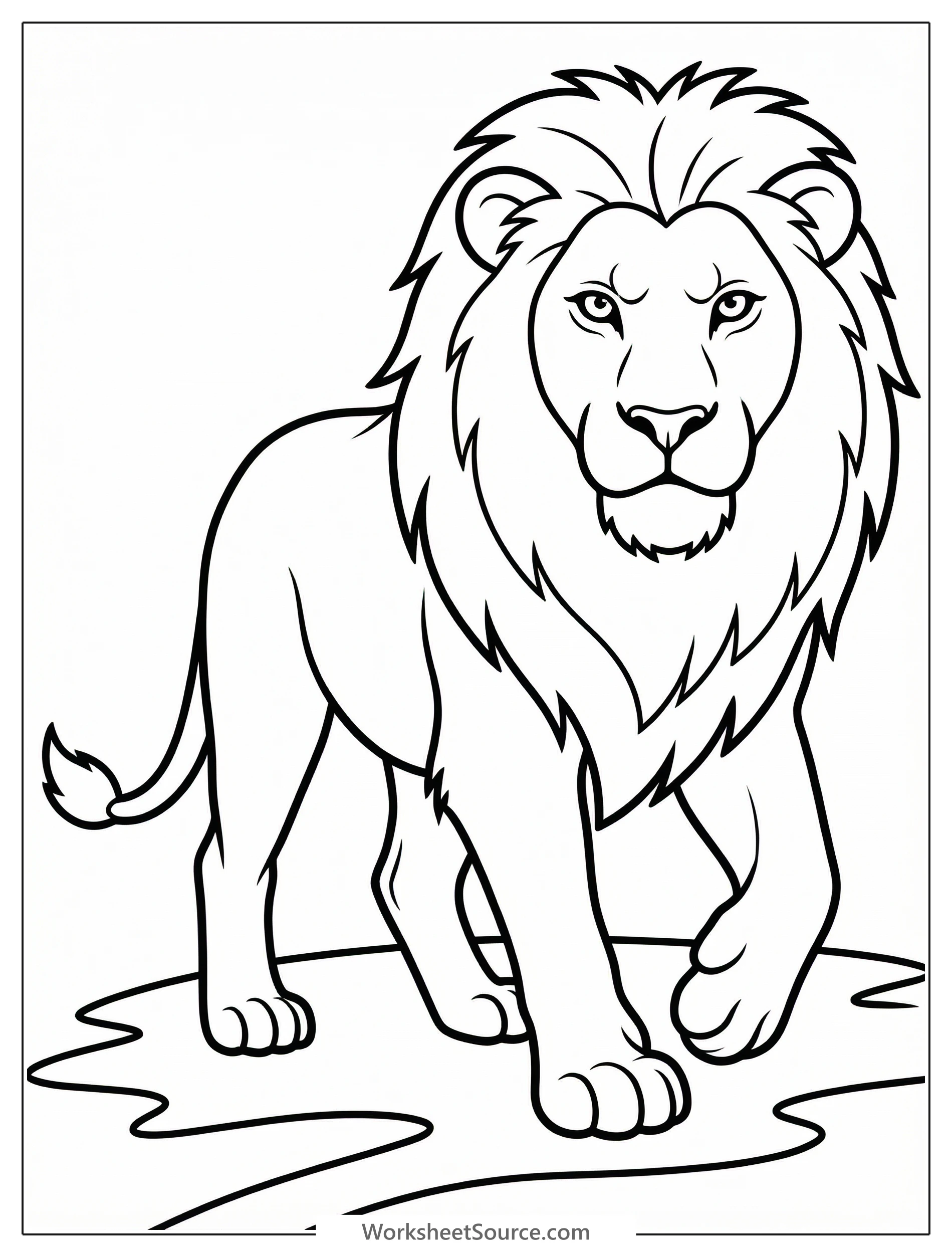 Anatomically correct lion walking forward with a confident stride, head slightly turned, illustrating muscular definition. Outline for coloring.