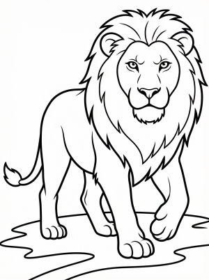 Anatomically correct lion walking forward with a confident stride, head slightly turned, illustrating muscular definition. Outline for coloring.