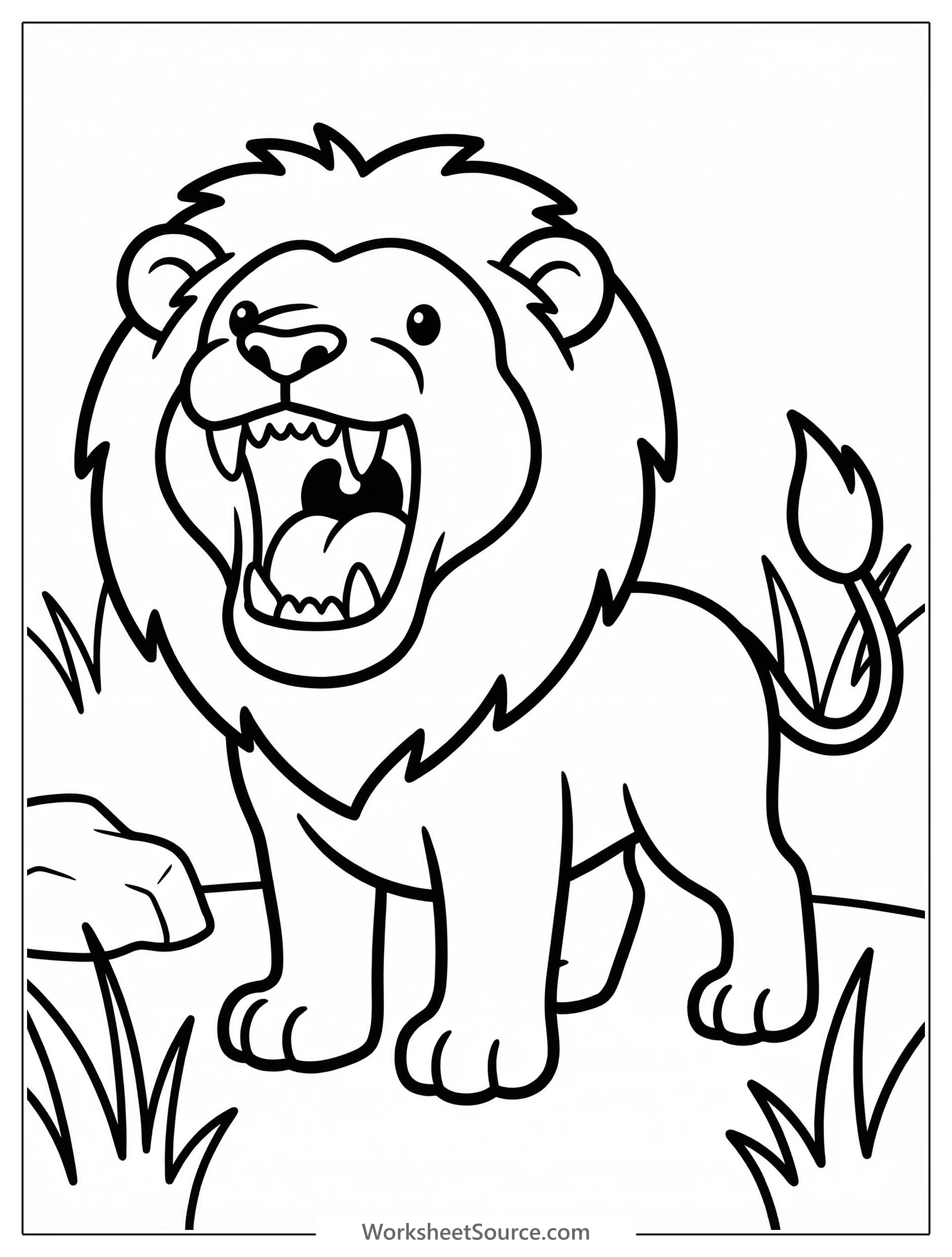 Anatomically correct line art of a majestic lion with its mouth wide open, showing sharp teeth and a detailed tongue, ready to be colored.