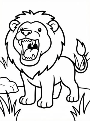 Anatomically correct line art of a majestic lion with its mouth wide open, showing sharp teeth and a detailed tongue, ready to be colored.