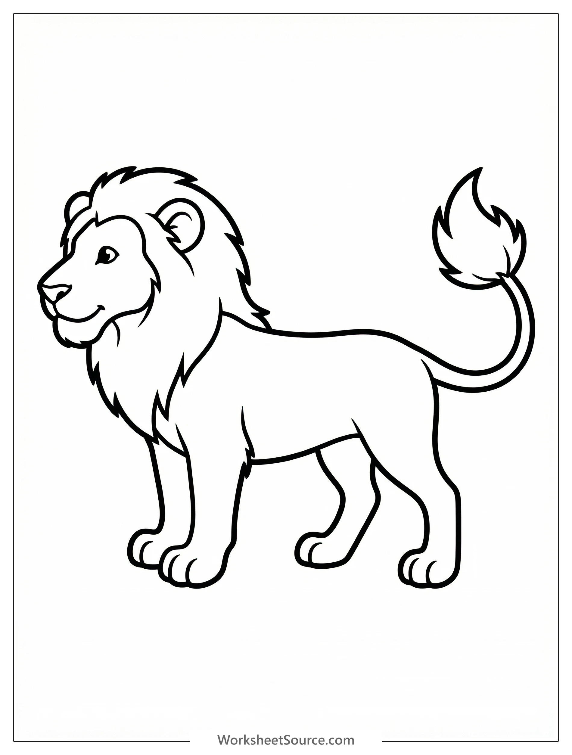 Outline of a regal, anatomically correct lion standing with its distinct long tail ending in a prominent tuft, perfectly suited for detailed coloring.