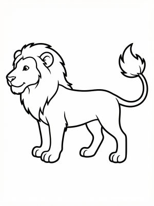 Outline of a regal, anatomically correct lion standing with its distinct long tail ending in a prominent tuft, perfectly suited for detailed coloring.