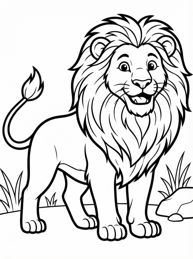 Free printable coloring page showing a majestic lion with a flowing mane, perfect for kids to practice coloring and creativity