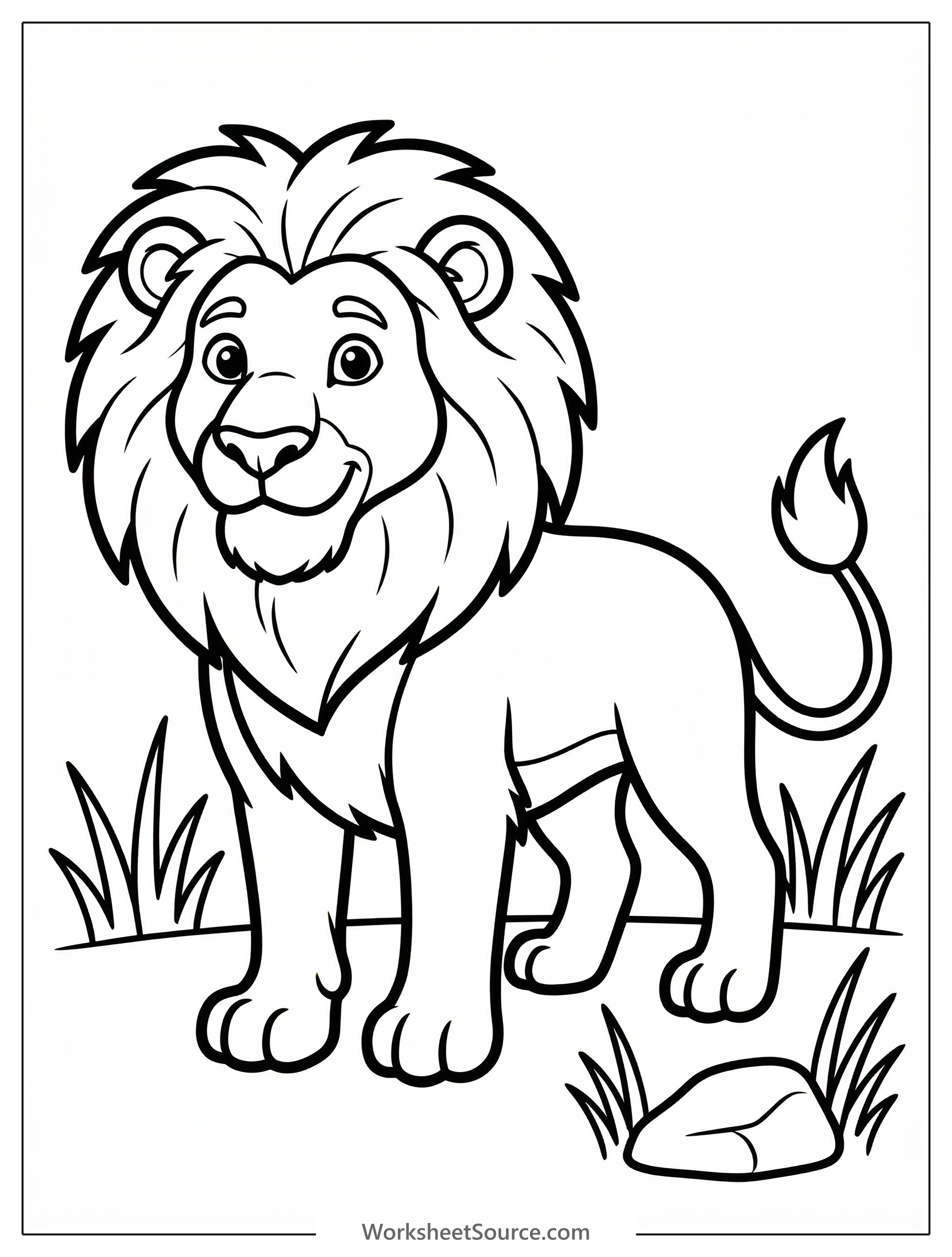 Black and white outline drawing of an anatomically correct adult male lion standing, featuring a majestic mane, powerful legs, and long tail.
